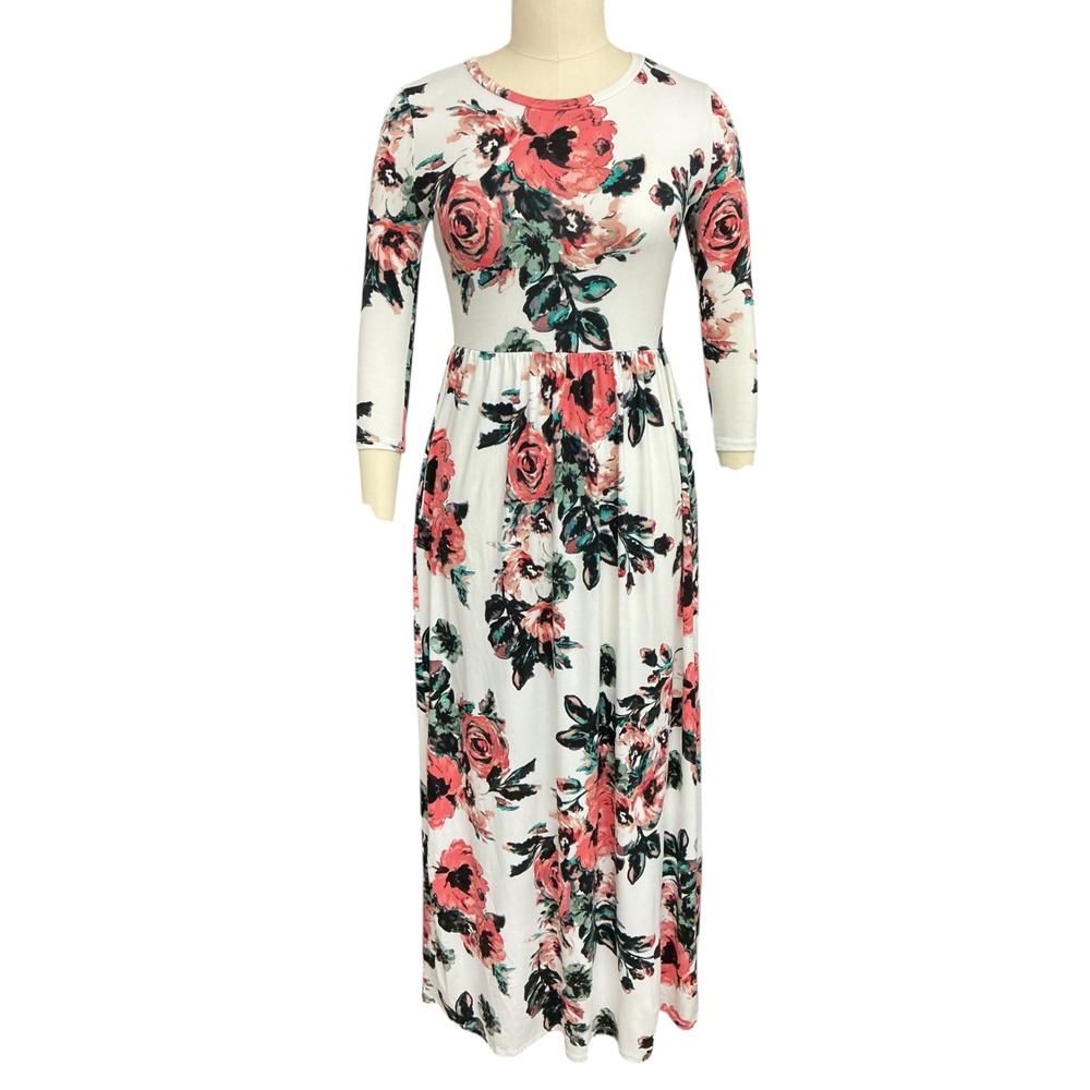 JessaKae Classic Rose Floral Maxi Dress Size L Jersey 3/4 Sleeve Fit Flare BOHO